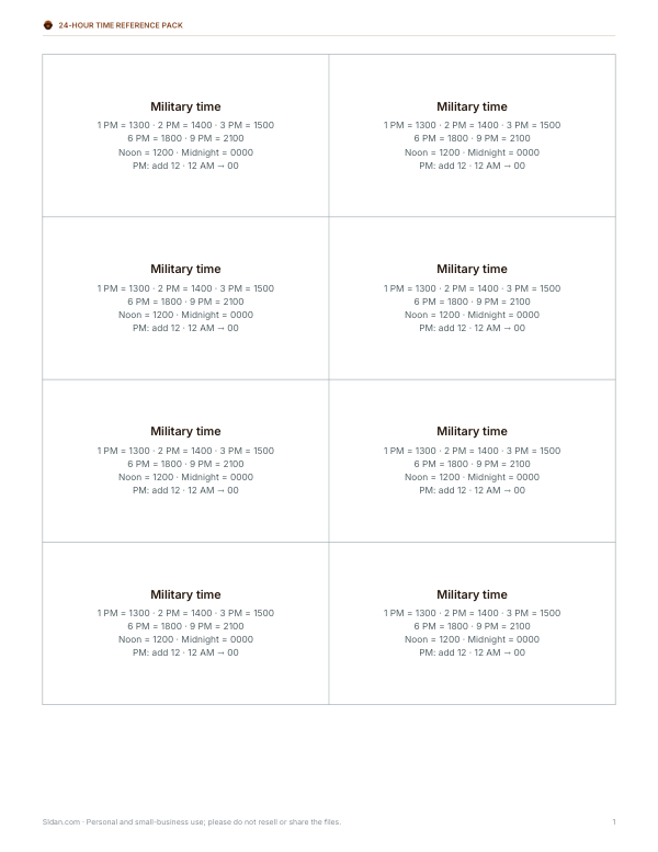 Preview of Printable Military Time Pocket Card